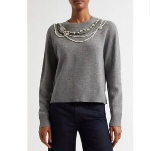 CINQ À SEPT Lilliana Necklace Detail Wool Blend Pullover Sweater in Grey Size S